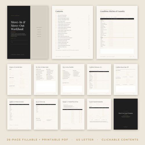 Move-In and Move-Out Workbook pages, including condition reports, keys log, and security deposit itemization