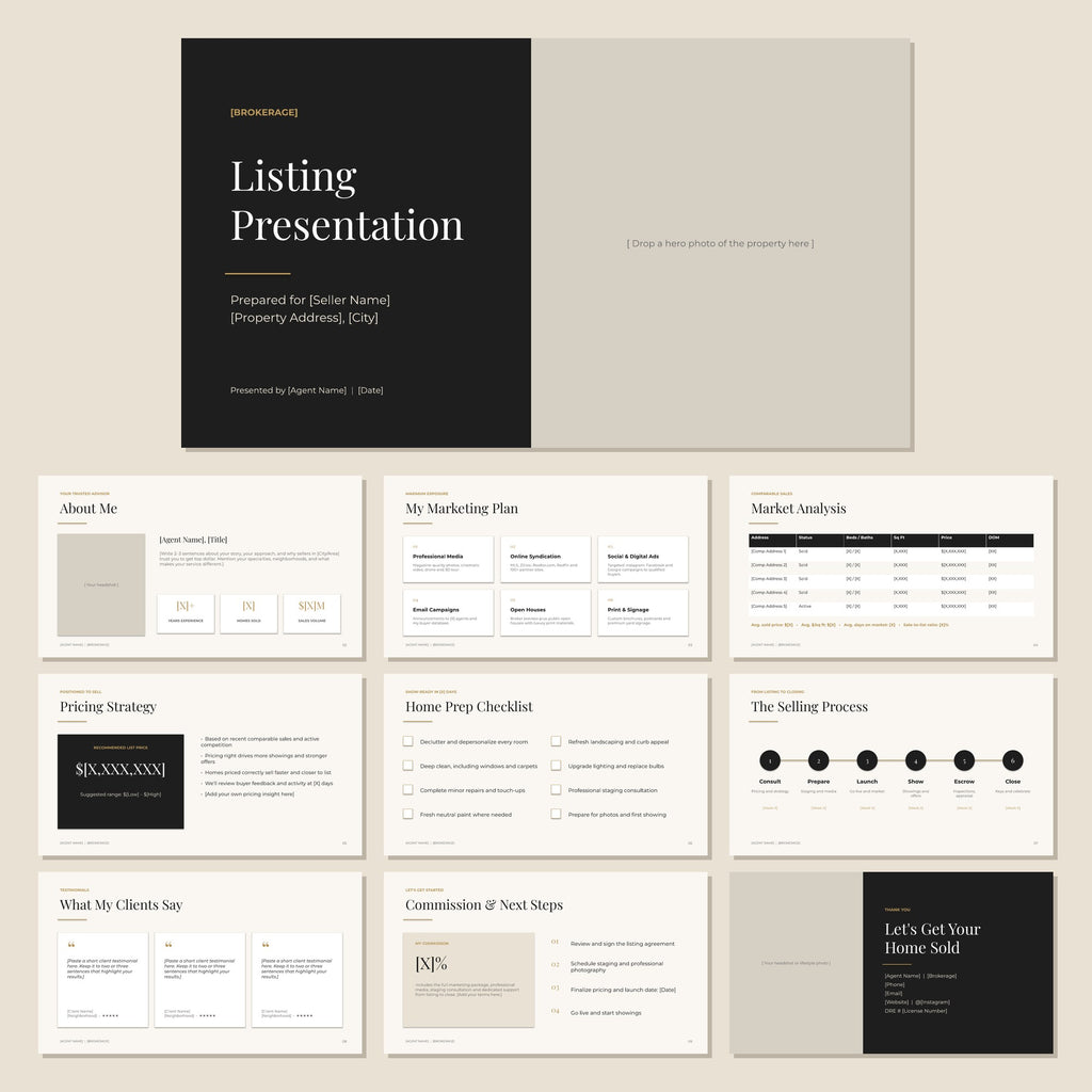 Luxury listing presentation Canva template for real estate agents - all 10 pages