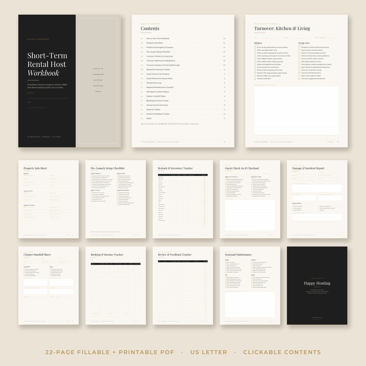 Short-Term Rental Host Workbook mockup showing fillable Airbnb and VRBO checklist pages