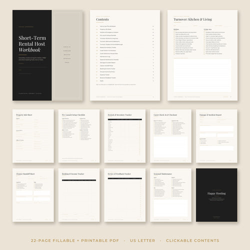 Short-Term Rental Host Workbook mockup showing fillable Airbnb and VRBO checklist pages