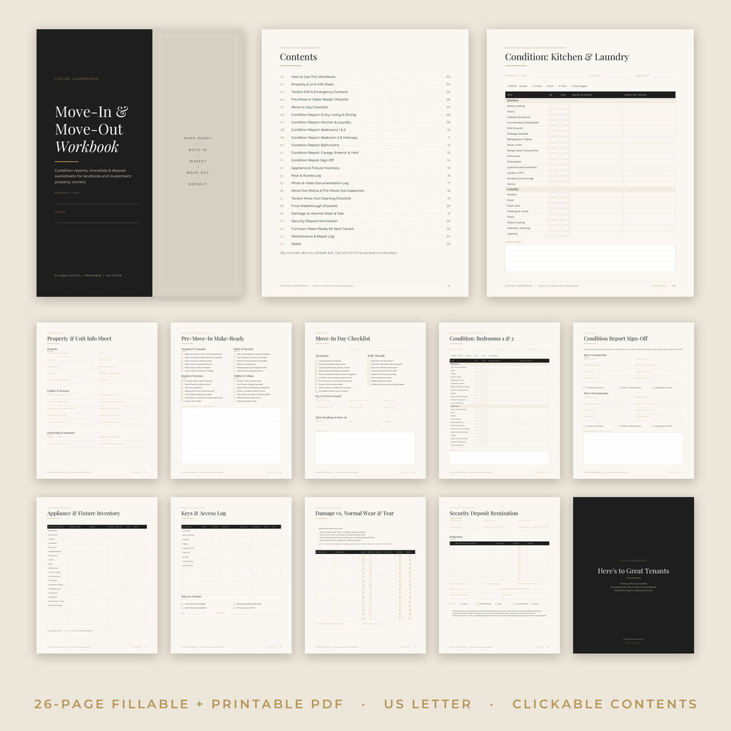 Landlord Move-In Move-Out Checklist Workbook mockup showing fillable rental inspection and condition report pages
