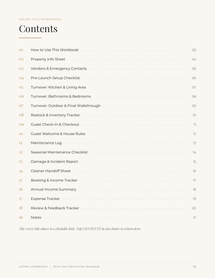 Clickable table of contents listing all 22 workbook pages