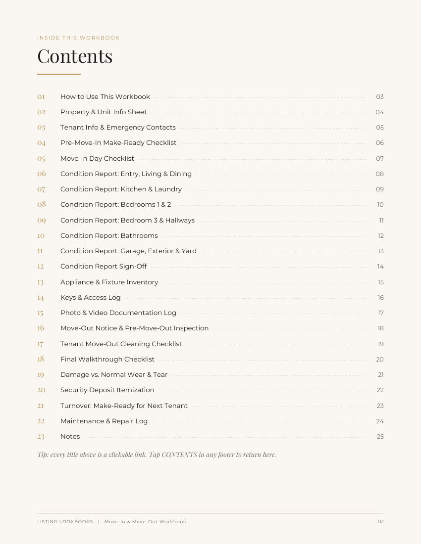 Clickable table of contents listing all 26 workbook pages