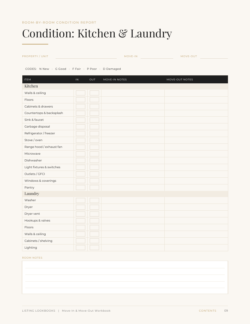 Kitchen and laundry condition report with side-by-side move-in and move-out columns