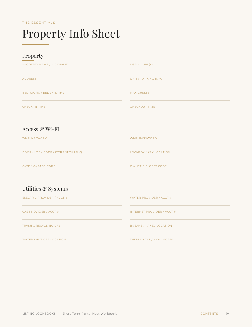 Property info sheet for access, Wi-Fi, utilities, and systems