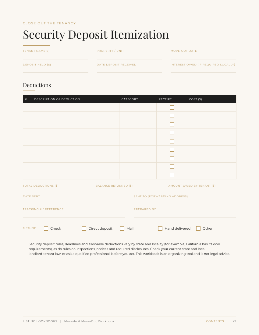 Security deposit itemization worksheet for move-out deductions