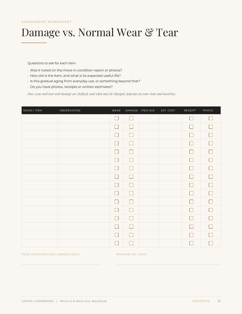Damage vs. normal wear and tear assessment and cost worksheet