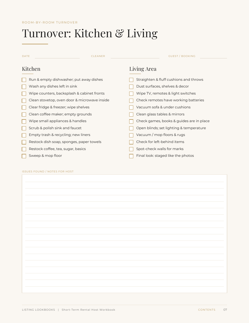 Turnover cleaning checklist for kitchen and living area