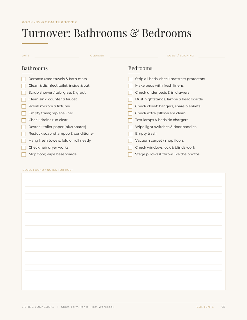 Turnover cleaning checklist for bathrooms and bedrooms