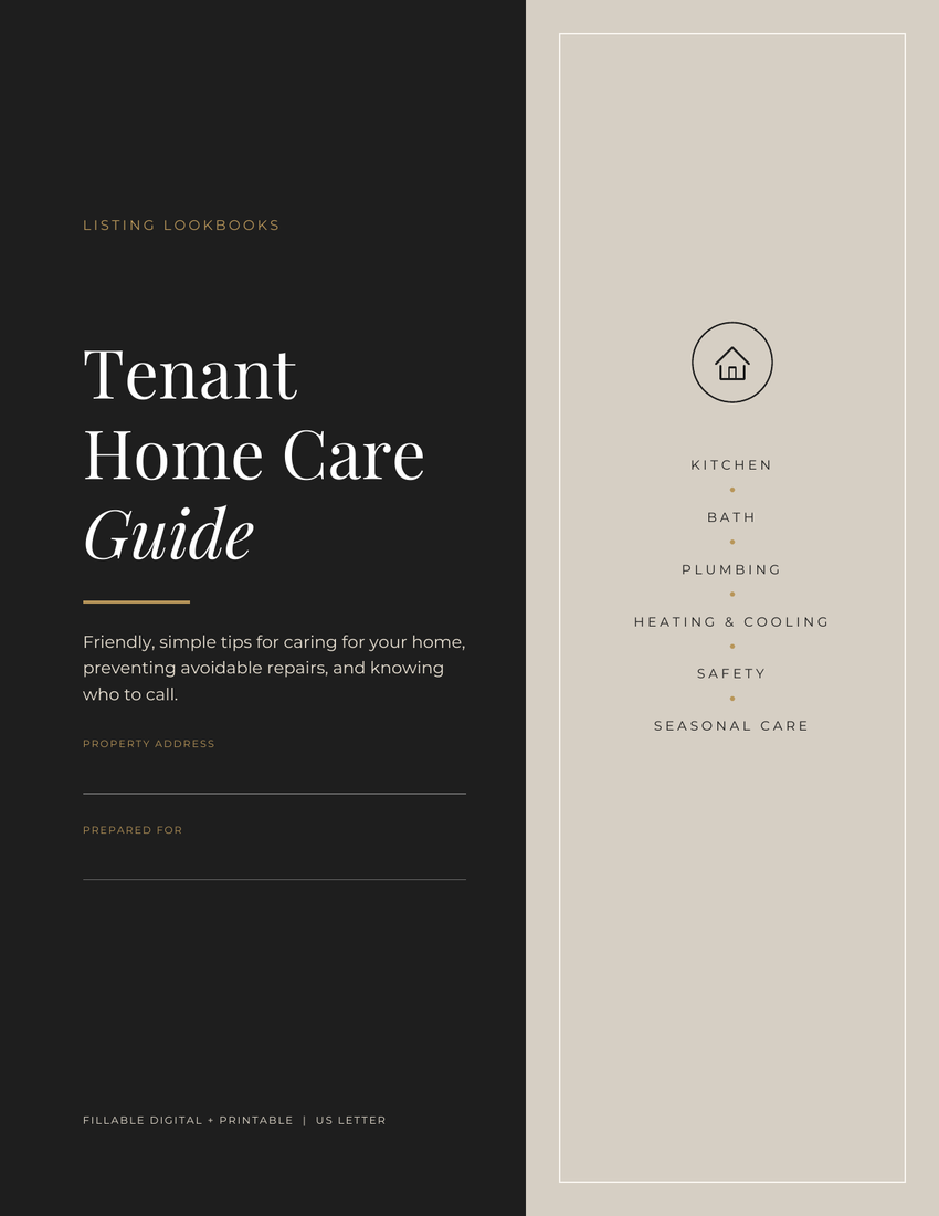Tenant Home Care Guide cover page covering kitchen, bath, plumbing, heating and cooling, safety, and seasonal care