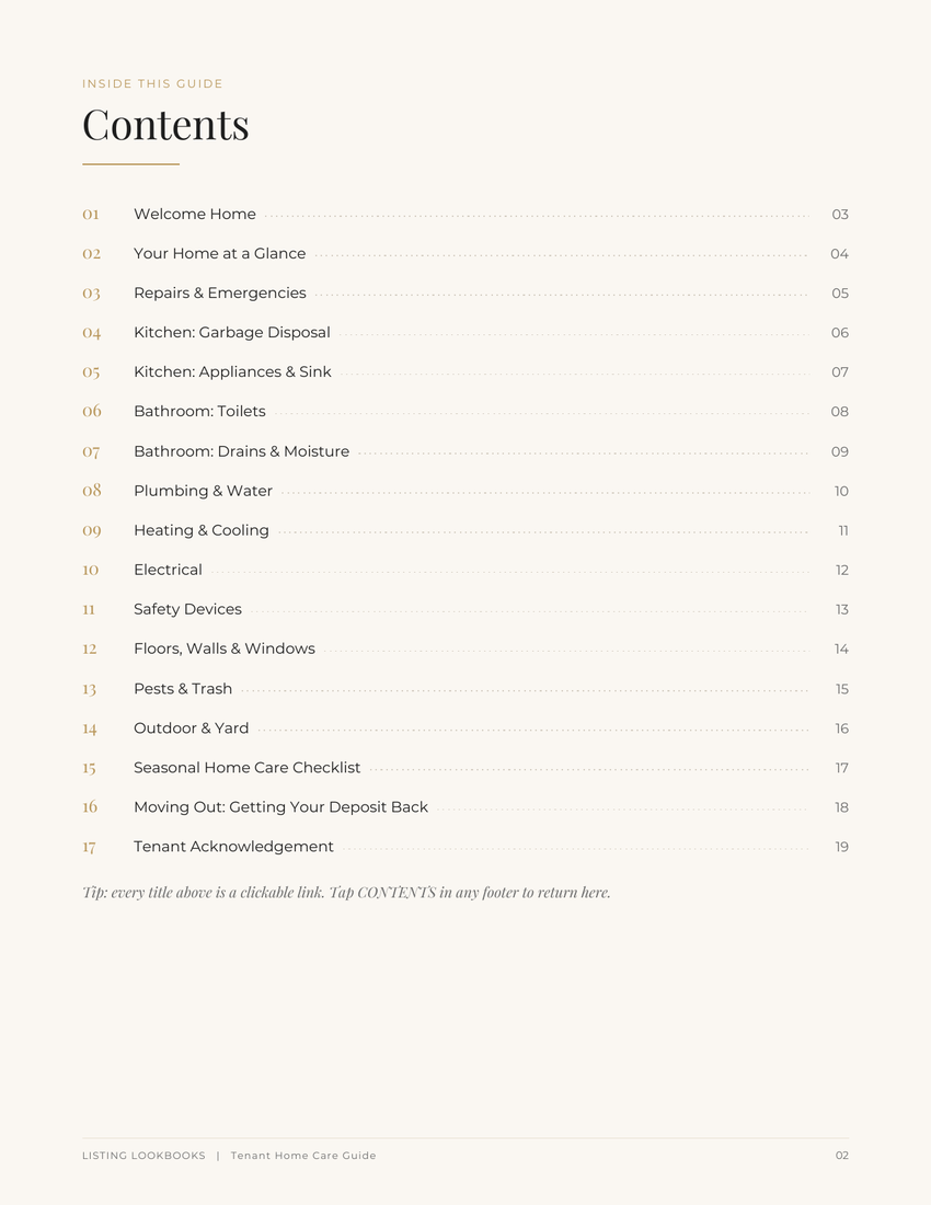 Clickable table of contents for the Tenant Home Care Guide