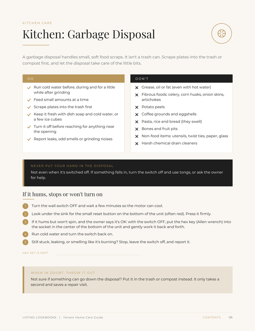 Kitchen garbage disposal page with do and don't lists and what to do if it jams