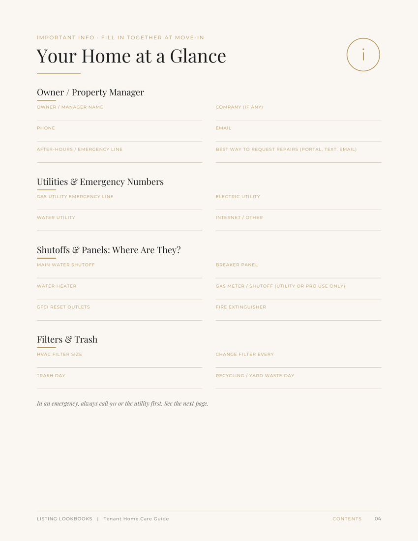 Your Home at a Glance page for owner contact, utilities, shutoff locations, and filters